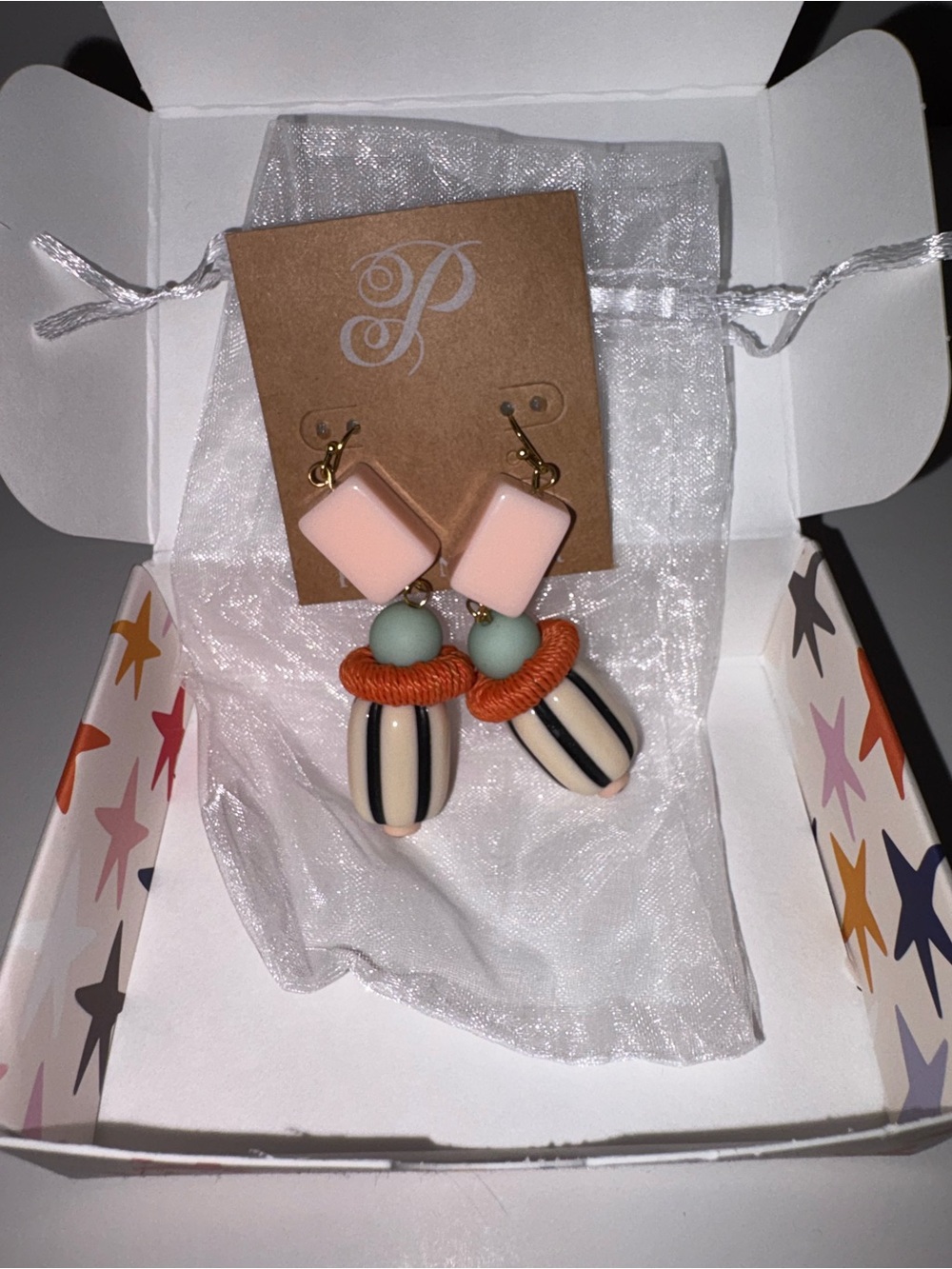 Plunder Pastel Pink & Mint Stripe Drop Earrings with Orange Accents